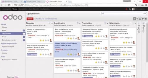 Onglet "Opportunités" du CRM Odoo, avec les différents états de la relation du client avec l'entreprise : nouveau, qualification, proposition, négociation, gagné/perdu