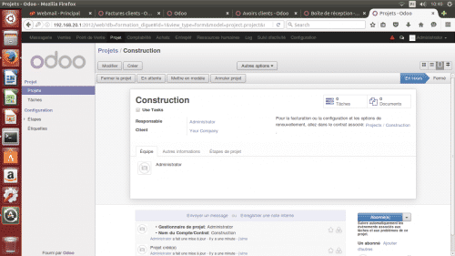 Écran de gestion d'un projet sur un des logiciels de gestion de projet : Odoo